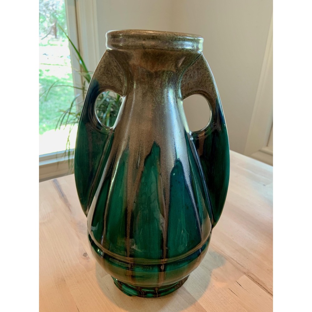 Vintage MCM Emerald Green and Golden-Brown Drip Glazed Pottery Vase